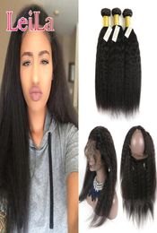 Indian Natural Hairline Virgin Hair Coarse Yaki 360 Lace Frontal With Bundles Kinky Straight Pre Plucked Human Hair3668432