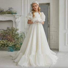 Abiti da ragazza di fiore vintage avorio per matrimonio Abiti da prima comunione per bambini a maniche corte gonfi con reffles Abito da battesimo per neonato in organza