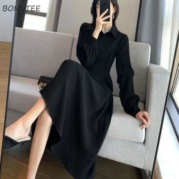 Dress Long Sleeve Dresses Women Solid Black Elegant Office Ladies Tender Midcalf Allmatch Korean Inside Tunic ALINE Simple Party