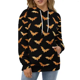 Women's Hoodies Halloween Spooky Long-Sleeve Orange Bat Print Trendy Casual Hoodie Harajuku Oversized Design Loose Hooded Sweatshirts