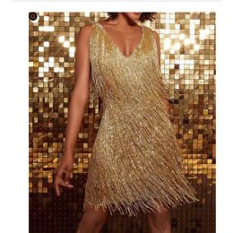 Dress 2023 New Gold Sleeveless Evening Party Dress Summer Beach Tassel Mini Dress Women Glitter Night Clubwear Femme Vestidos Summer