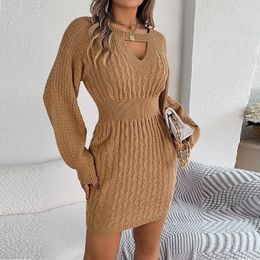 Casual Dresses Loose Twists Knit Sweater Dress Autumn Winter Women 2024 Hollow Out V-neck Full Lantern Sleeve Hip Mini