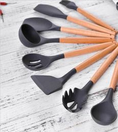 Kitchen tools 9PCS black color silicone cookware set nonstick spatula shovel wooden handle cooking tool set with storage box31466012275
