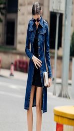 Women Autumn Medium Length Denim Trench Coat Long Sleeve Vintage Casual Female Jeans Windbreaker Pencil Dress with Belt Overcoat18714501