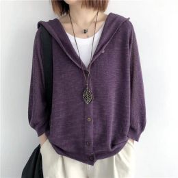 Cardigans Knitted cardigan outerwear for women's spring and summer new solid Colour loose oversized hooded top with thin cut out 7/4 sleeve