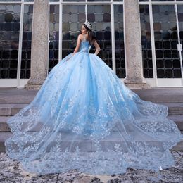 Sky Blue 16 Quinceanera Dresses Applique Lace Tull Off The Shoulder Party Dress Crystal Beading Ball Gown vestidos de 15