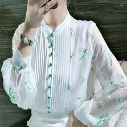 Women's Blouses 2024 Summer Style Celebrity Exquisite Embroidered Organ Pleated Lantern Sleeves Solid Colour Versatile Oversize Shirt