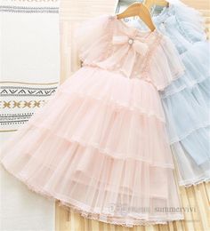 Children tiered lace tulle cake dresses girls pearls Bows tie sequins gauze princess dress 2022 summer kids birthday party clothes9932440