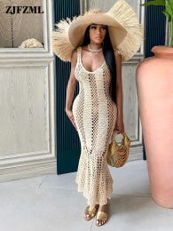 Cover-up Newly Installed Women's Fishnet Hollow Knit Beach Dresses Summer Scoop Neck Sleeveless See Through Breathable Boho Mermaid Dress