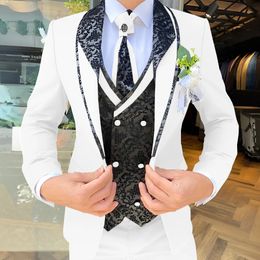 Handsome Mens Suit 3-piece Elegant Groom Wedding Tuxedo Jacket Pants Vest Customised Formal Blazer for Male 240304