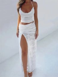 2 Piece Sets Women Lace Skirt Sets Halter Low Cut Camis Tops and Split Long Skirts Summer Party Vintage Beach Sexy Clubwear 240304