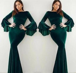 2019 Velvet Dark Green Evening Dress Elegant Arabic Dubai Flare Long Sleeves Holiday Women Wear Formal Party Prom Gown Custom Made5463398