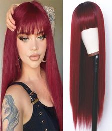 Red Wigs Full Neat Bangs Long Silky Straight Wig Heat Resistant Synthetic Fiber Hair Dark Roots Ombre Color Glueless Full Machine 8118659