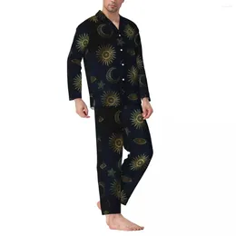 Men's Sleepwear Magical Symbol Pajamas Man Gold Moon Sun Stars Cute Room Nightwear Autumn 2 Pieces Casual Oversized Custom Set