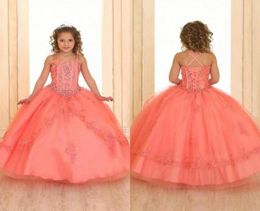 Custom Coral Crystals Beaded Girls Pageant Dresses Sleeveless Lace Organza Flower Girl Dresses Corset Back Pageant Gowns For Teens9902617
