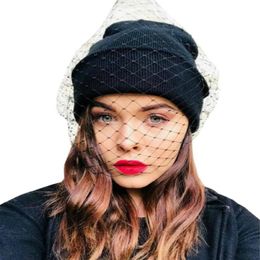 Women Lace fishnet Veil Crochet knit Skullies Cap femme Winter warm street Beanie Hat Lady sexy mesh dance party bonnet gorros2955