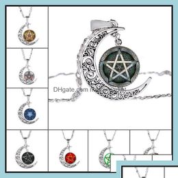 Pendant Necklaces Pendant Necklaces Pendants Jewelry Five-Pointed Star Hollow Moon Cabochons Glass Moonstone Pentagram Necklace For Wo Dhnqf
