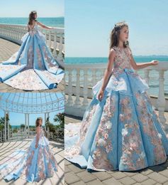 2018 Blue Lace Girls Pageant Dresses Ball Gown Children Birthday Holiday Wedding Party Dresses Teenage Princess Toddler Dresses Sw9130666