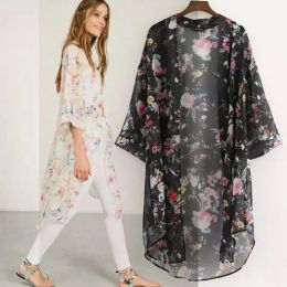 Cover-up Women Casual Vintage Kimono Cardigan Ladies 2023 Summer Long Crochet Chiffon Kimono Preto Loose Flora Printed Blouse Tops Black