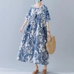 Dress Oversized Floral Cotton Linen Summer Dress Vintage Ladies Dresses for Women Robe Oversize Flower Long Dress 2023