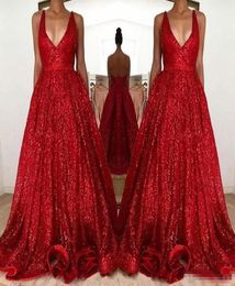 Sexy Red Sparkly Sequined Prom Dresses Long Deep VNeck Sleeveless Backless A Line Cheap Evening Party Gowns4106303