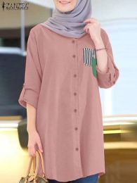Tops ZANZEA Turkey Tops Women Vintage Lapel Long Shirts Muslim Patchwork Blouse Summer Long Sleeve Shirt Ramadan Abaya Isamic Cloth