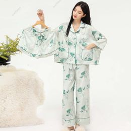 Ice silk pajamas womens spring new product long sleeved pants shorts three piece set high-end light luxury printed home clothing thin