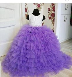 Girl039s Dresses Kids Real Image Purple Tiered Tulle Flower Girl Dress For Wedding With Appliques VBack Sweep Train Little Gir7324689