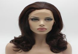 Iwona Hair Wavy Shoulder Length Dark Auburn Wig 1933 Half Hand Tied Heat Resistant Synthetic Lace Front Wig1049025