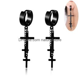 Dangle & Chandelier 316L Stainless Steel Hypoallergenic Stud Earrings For Mens Punk Rock Black Sier Cross Chain Tassel Fashion Jewelr Dhszg