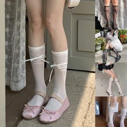 Women Socks Vintage Hollow-Out Lace See-Through Over Calf Bowknot Long For Drop