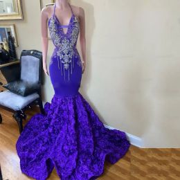 Purple Gorgeous Prom Dress Sexy Halter Neck Appliques Beads Mermaid Evening Gowns with Cascading Flowers 0306