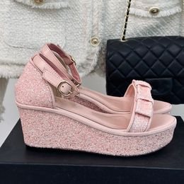 Womens Wedge Platform Heels Sandals Designer Glittered Tulle Pumps Dress Shoes With Bow Adjustable Ankle Buckle Wedding Shoe Silver Pink Green Outdoor Casual Shoe