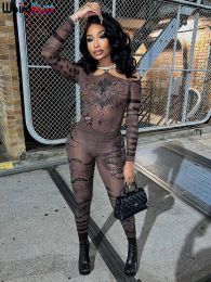 Suits Weird Puss Mesh Print Women 2Piece Set Sheath Bare Shoulder Bodysuit+Pencil Pants Hot Girls Nightclub Party Matching Outfits