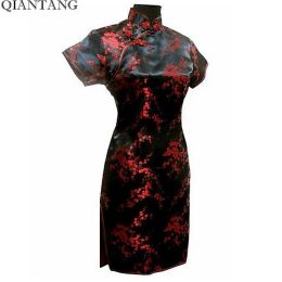 Dress Black Chinese Style Short Cheongsam Traditional Women's Satin Mini Qipao Dress Vestido Clothing Plus Size S6XL