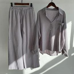 2 PcsSet Fabulous Women Blouse Trousers Set Turndown Collar Tops Pants Suit Drawstring Two Pieces 240219