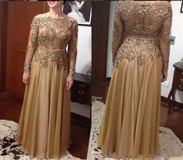 nigerian lace styles Gold A Line Lace Bead Mother of the Bride Dresses Plus Size Chiffon long sleeve Prom Dresses Formal Evening D9715352