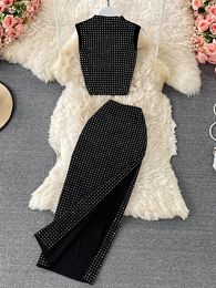 Suits Sexy Black Diamonds 2pcs Set Women Party Sleeveless Short Tops + High Waist Split Skirt Female Two Piece Suits Club Fashion 2021