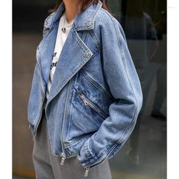 Women's Jackets Deeptown Vintage Motorcycle Denim Short Jacket Women Y2k Streetwear Korean Fashion Oversize Jean Winter Outdoor Coat