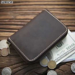Money Clips SIMLINE Genuine Leather Wallet For Men Vintage Crazy Horse Leather Short Small Zipper Mens Wallets wallet Card Holder Coin Pocket L240306