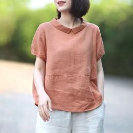 Blouse Summer Women Shirt Loose Casual Short Sleeve Peter Pan Collar Patchwork linen Tops Vintage Female Blouse Big