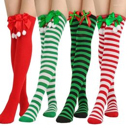 Women Socks Over Knee Christmas Diagonal Striped Thigh High Stockings With Bow Holiday Decorations