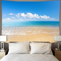 Beautiful Sea Beach Blue Sky Landscape Tapestry Polyester Wall Cloth Art Tapestry Wall Hanging Sea Wave Theme Home Decorations 240304