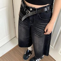 Jeans Y2k Retro Women Low Rise Jorts Brushed Black Wash Cropped Baggy Jeans Wide Leg Frayed Denim Short Pants Acubi Fashion