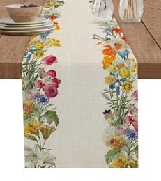 Table Cloth Spring Chrysanthemums Flowers Linen Runners Wedding Decoration Washable For Dining Party Decor