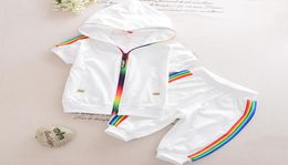 Nova moda verão crianças meninos meninas roupas esportivas manga curta colorido zíper com capuz conjunto de roupas para o bebê crianças conjunto 9901740