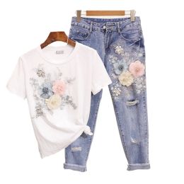 Sets Summer Fashion Women T Shirt Jeans European Style Denim Suit Embroidery 3D Flower Female Trousers Vintage Beading Sets SXXL