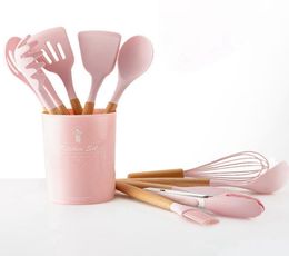 9PcsSet Pink Wood Hand Silicone Cooking Utensil Kitchen Tools Funnel Shovel Spoon Food Clip Oil Brush Spatula Egg Beater T24895423