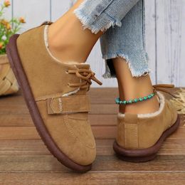 Boots Women's Plush Lined Ankle Solid Colour Round Toe Lace Up Flat Shoes Winter Warm Outdoor