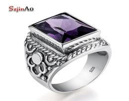 Real 925 Sterling Silver Heavy Signet Rings Men039s Massive Amethyst 1216mm Stone Party Male Vintage Jewelry Gift For Husband 7000711